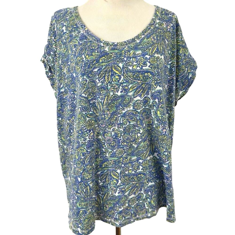 Talbots 2X Blue Green Paisley Floral Cotton Dolman Sleeve Top Boho Coastal